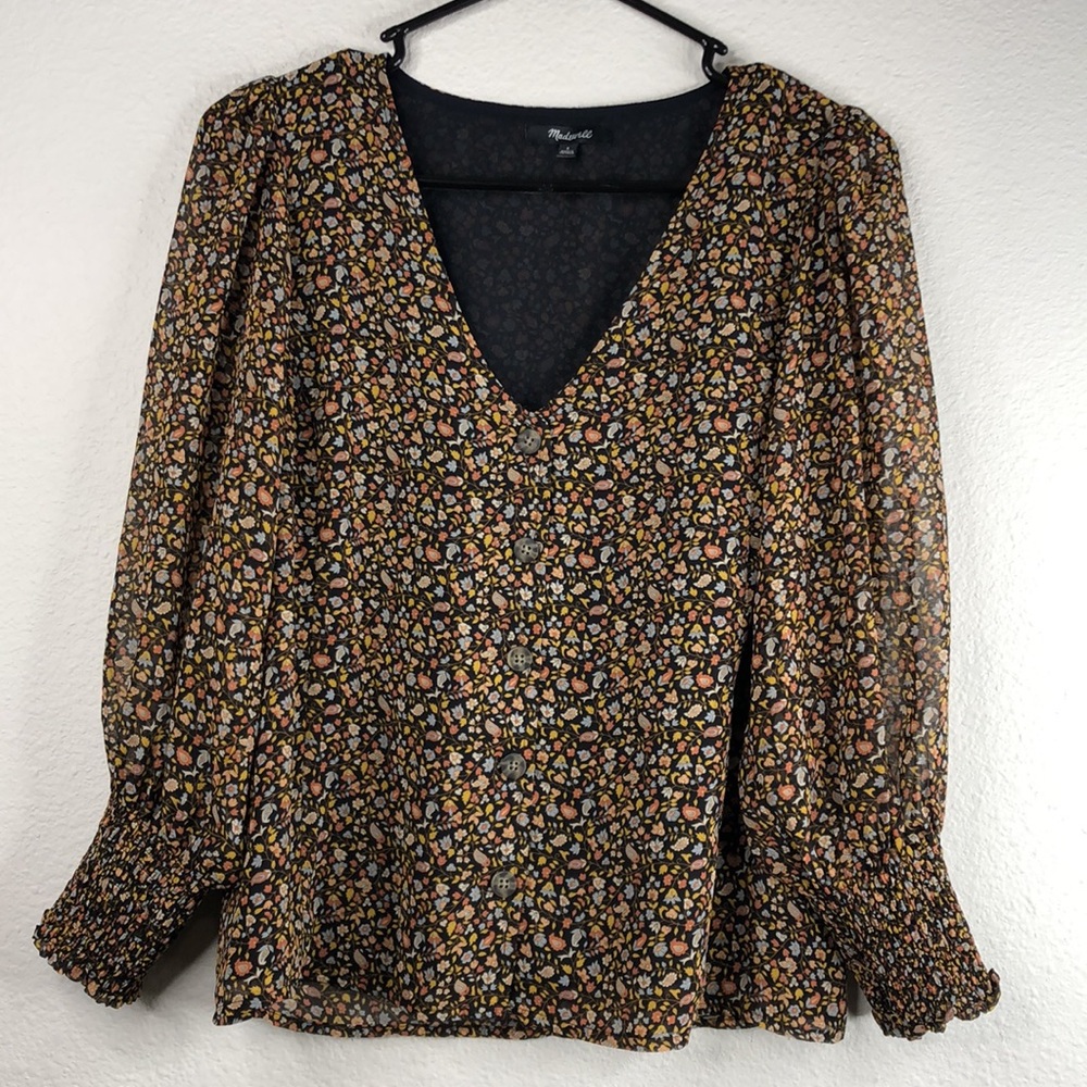 Madewell Black Floral V-Neck Blouse with Pink and Yellow Accents